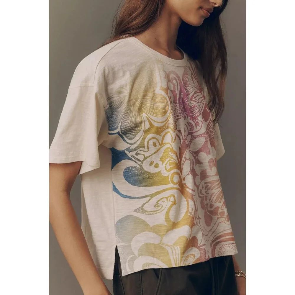 Anthropologie Pilcro Cotton Notched Hem Tee Butterfly Rainbow Small S NEW